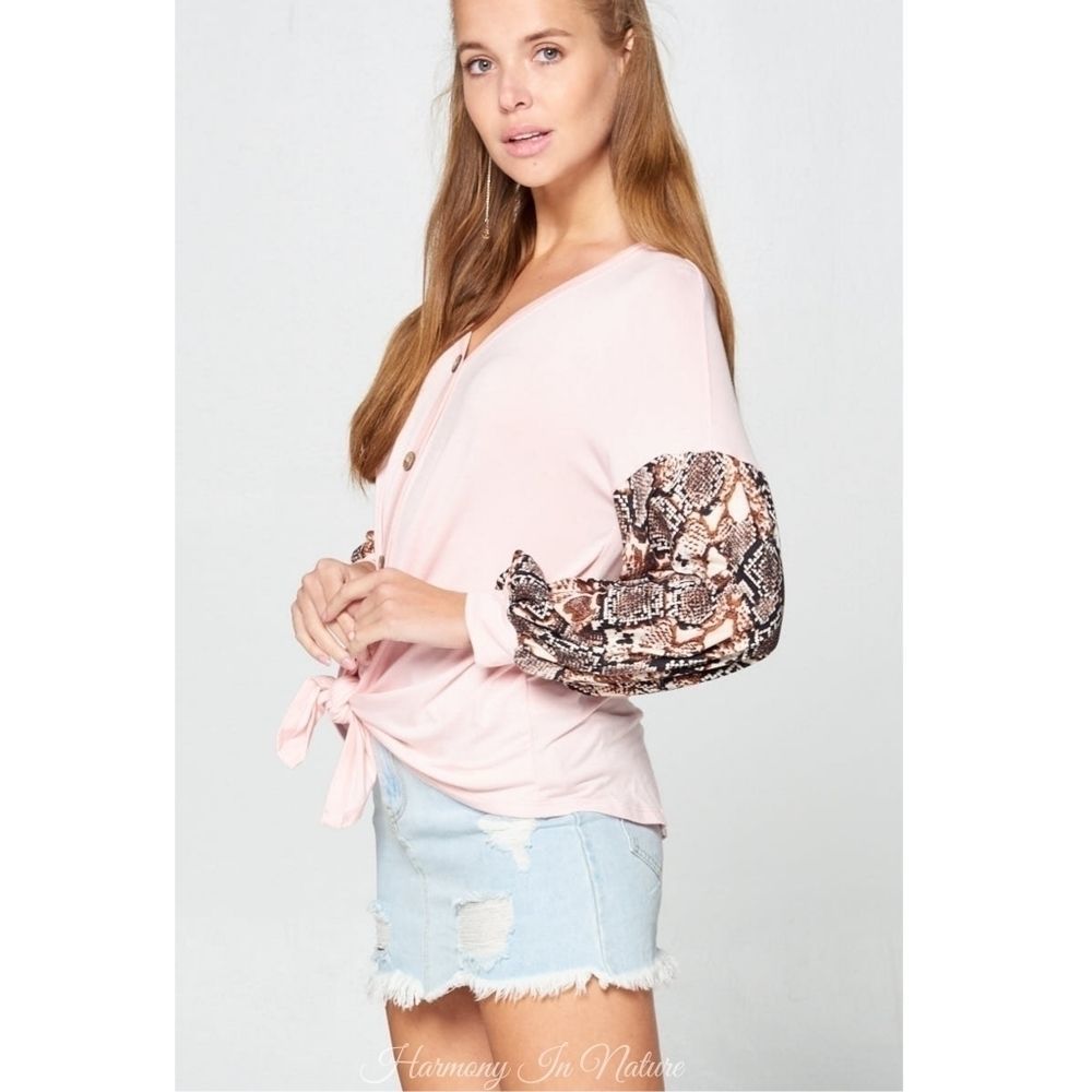 Pink Snakeskin Print Sleeve Top - Picture 4 of 6